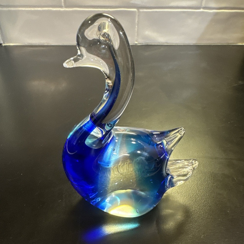 Vintage Art Glass Hand Blown Cobalt Blue Swan Duck Polished Bottom‎